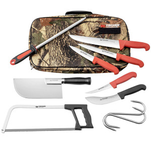 Trousse en toile sp&eacute;ciale chasse 10 pi&egrave;ces avec couteaux et scie de boucher - Fischer
