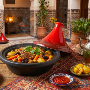 Plat &agrave; tajine induction en fonte et terre cuite