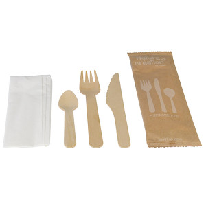 Kit couvert jetable en bois 4/1 fourchette-couteau-cuill&egrave;re dessert-serviette en sachet (x250)