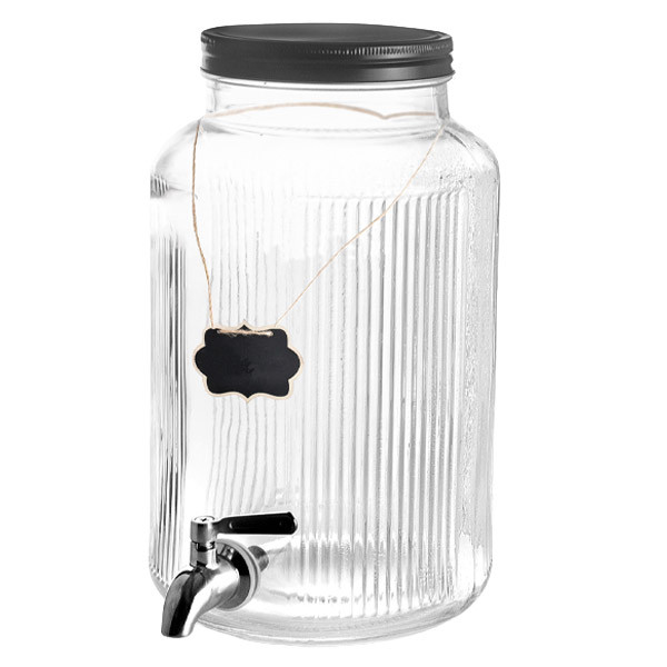 Distributeur de boissons en verre stri&eacute; avec robinet inox et support - 5,5 L